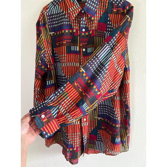 VINTAGE | Marcus by Neiman Marcus Linen Blend Abstract Pattern Button-Down Shirt - Picture 11 of 16